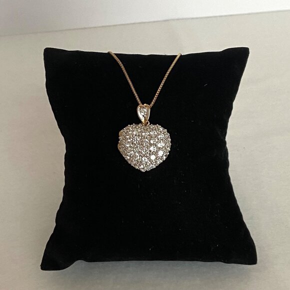 Gold Vermeil Sterling Silver 925 Pave Puffy Heart Locket Pendant Necklace 18" - Picture 7 of 16